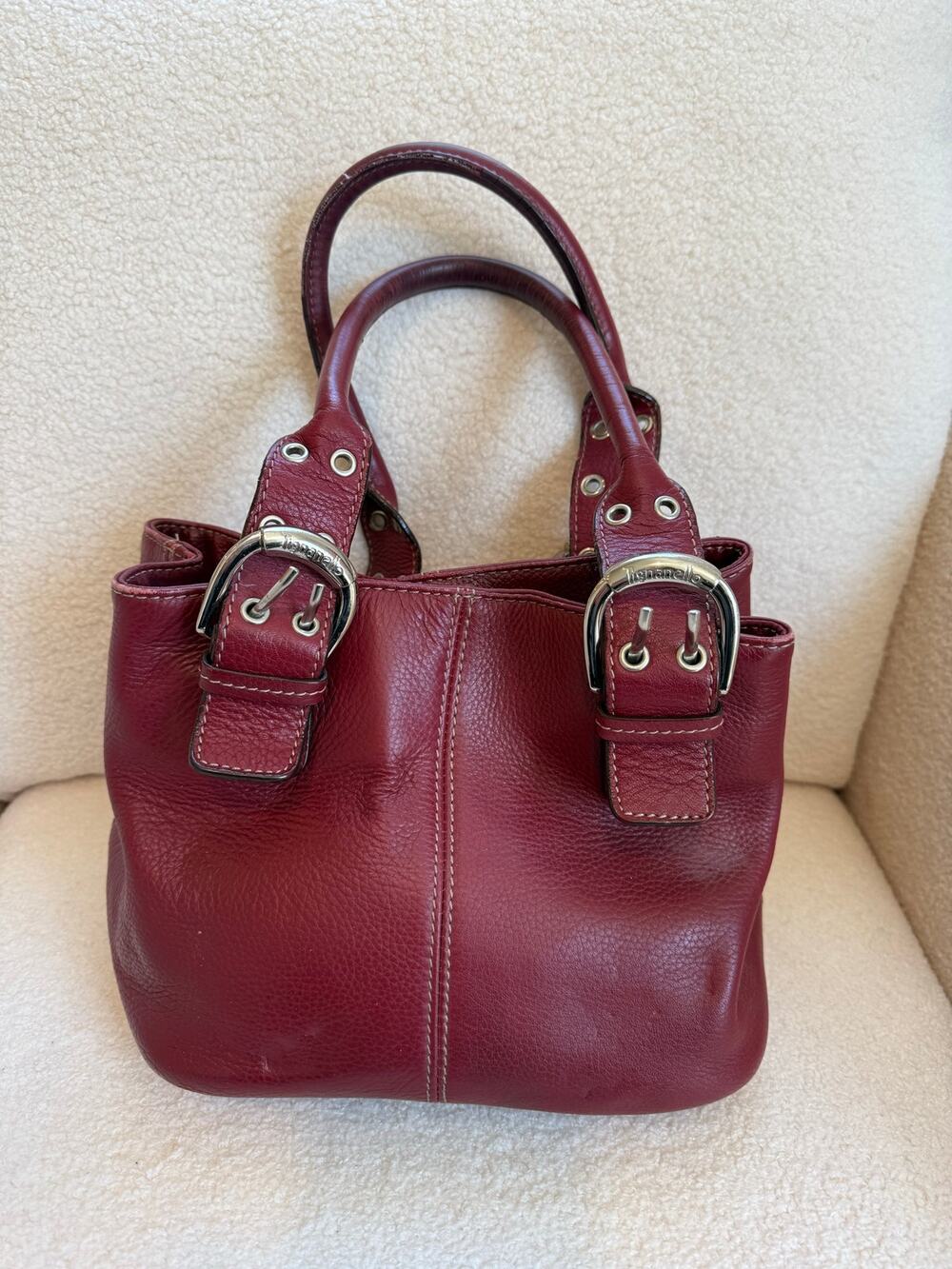 Tignanello Tote Bag Women Red Leather Double Handle Pockets Shoulder Strap